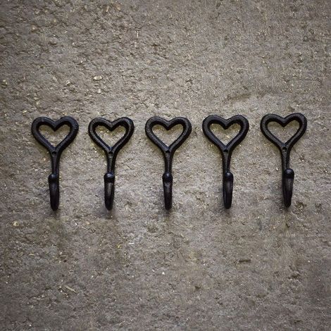 Ensemble de 5 crochets muraux en fonte noire de style vintage en forme de cur, porte-manteau mural rustique pour la maison ou le jardin.