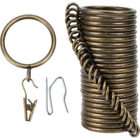 Lot complet de 24 anneaux de rideaux et crochets de 50 mm de diamètre intérieur avec anneaux de tringle, crochets et clips pour deux rideaux standard Bronze (1/5)