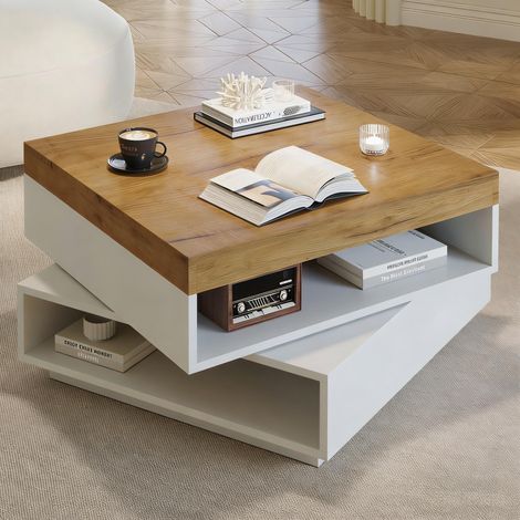 656540cm Couchtisch, quadratische 360° schwenkbare, Kaffeetish mit LED-Leuchten und Freilagerbereich, Wohnzimmertisch, Sofatisch,Beistelltisch,geeignet für kleine Räum, Weiß + Holzton (1/5)