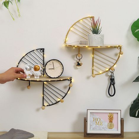 Étagère murale ronde dorée minimaliste avec crochets multifonctions, rangement mural pour chambre à coucher (1/5)