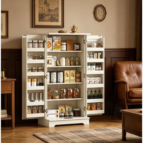 Meuble de cuisine 60x40x120 cm en panneaux de bois crème, avec rangement cuisine FloraGrace (1/5)