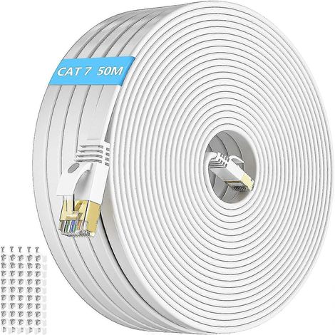 Câble Ethernet Cat7 50 m, câble Internet plat haut débit extra long de 50 mètres, câble LAN blanc Gigabit RJ45, câble réseau blindé FTP 165f (1/5)