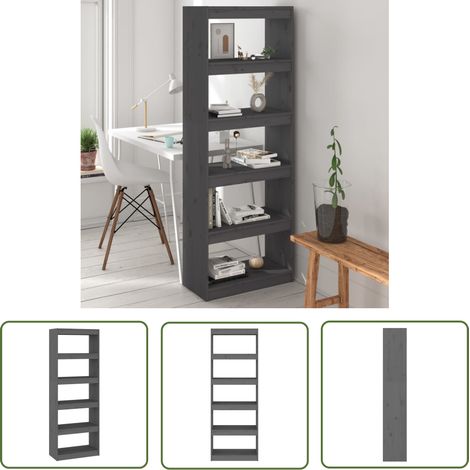 The Living Store Bibliothèque/Séparateur de pièce Gris 60x30x167,5 cm Pin massif - Bibliothèque - Meuble De Rangement - Étagère - Séparateur De Pièce - Bibliothèque Grise (1/5)