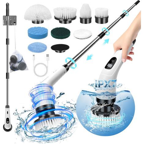 Electric Cleaning Brush, 8 Replaceable Heads, Adjustable Telescopic Handle, Variable Speed, For Bathroom, Kitchen, Car (1/5)