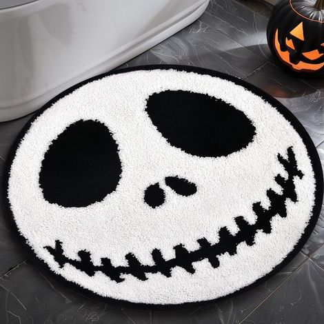 Tapis rond Halloween à crâne 80 cm, tapis de sol longue peluche douce antidérapant absorbant l’eau, tapis décor effrayant lavable pour douche, chambre, entrée, décoration intérieure Halloween et Noël (1/5)