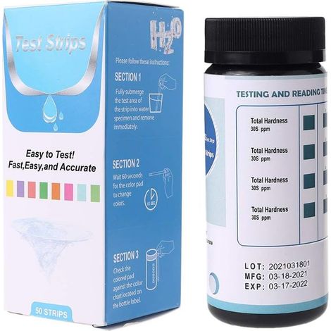 Lot complet de 100 bandelettes de test de dureté de l'eau – Kit de test de dureté de haute qualité adapté aux adoucisseurs d'eau, lave-vaisselle, puits, spas et piscines (1/5)