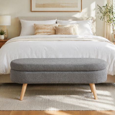 Sitzbank mit Stauraum 110 cm aus grauem Chenille mit Truhe, Holzfüße, 150 kg HAVRYA (1/5)