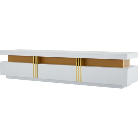 Meuble TV Modenuit Blanc avec plateau effet marbre, 200 x 40 x 42 cm, 3 tiroirs, pour TV jusqu'à 90 pouces (1/5)