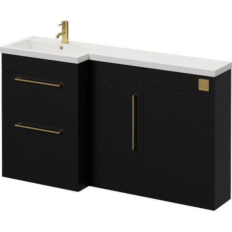 Napoli 390 Nero Oak 1500mm 2 Drawer Vanity Unit Toilet Suite with Left Hand Square Lucia Basin - 1500mm - Brushed Brass 320mm HandleWithout Kingston Toilet Pan