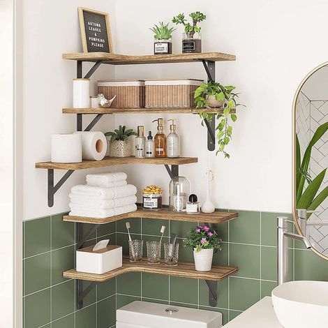 Lot de 2 étagères murales d'angle suspendues pour rangement et décoration dans la chambre salle de bain et salon (1/3)