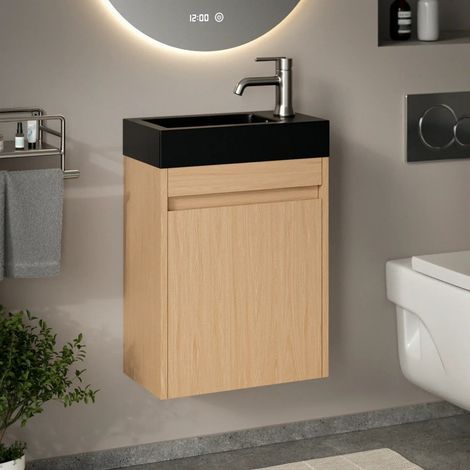 Gäste-WC-Möbel Elen – 40 cm – Helle Eiche – Schwarzes Waschbecken (1/4)