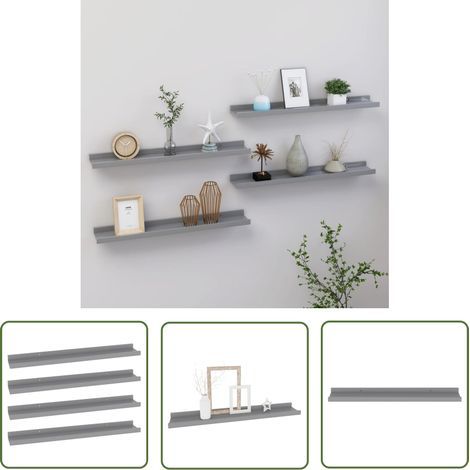 The Living Store Étagères murales 4 pcs Gris 60x9x3 cm - Étagères Murales - Étagères Déco - Rangement Mural - Décoration Intérieure - Meubles Design (1/5)