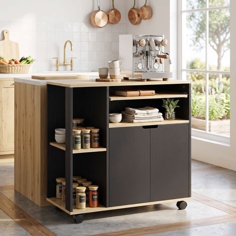Mueble de cocina con ruedas y almacenamiento, estantes regulables, 80 x 40 x 82 cm, negro OKMYHOME (1/5)