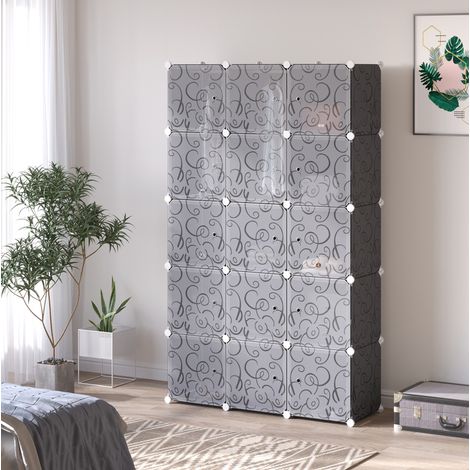 Modularer Kleiderschrank 111x47x183 cm schwarz aus Kunststoff mit 11 Fächern und 2 Kleiderstangen (1/5)