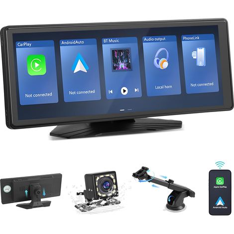 Wireless car stereo for Apple CarPlay and Android Auto, 10.26" portable touchscreen car audio receiver with 1080P rear camera, Bluetooth 5.0, voice control, and mirror link.