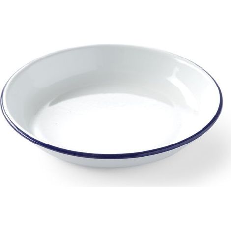 Assiette ronde en acier émaillé blanc - 1 pièce - Bordure bleue rétro - Résistante four et lave-vaisselle - Pour cuisine et pâtisserie quotidienne - Ø220xH36mm (1/4)