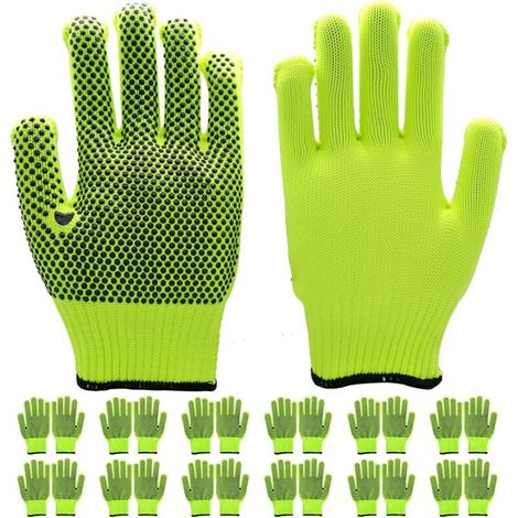 12 paires de gants de travail en coton haute visibilité avec points antidérapants pour hommes et femmes, gants respirants en tricot de coton pour le jardinage, l'entrepôt, la construction, la mécaniqu (1/4)