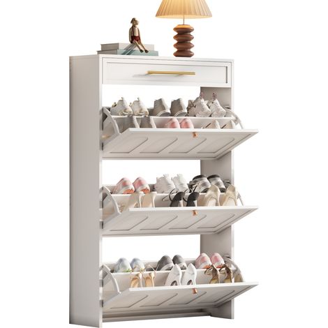 Schuhschrank mit 1 Schublade und 6 Offenen Fächern, Minimalistisches Design, für Flur oder Büro, aus MDF, Weiß, 70×25×123.5 cm (1/5)
