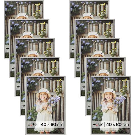 Lot de 10 Cadre Photo 40x60 cm WOLTU, Cadre en Bois Massif, Décoration Murale ou sur Table, avec Passe Partout, Argenté