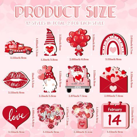 12 ornamenti in legno da appendere - gnomi a forma di cuore - decorazioni di San Valentino con cordini - bellissimo design per la decorazione dell'albero di Natale (1/4)