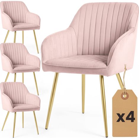 Lot de 4 Chaises en velours à surpiqûres FLORENCE Rose Poudré pieds dorés (1/5)