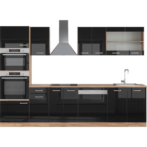 Cucina componibile R-Line, Rovere nero/oro lucido, 300 cm con armadio alto, PL Rovere, Vicco