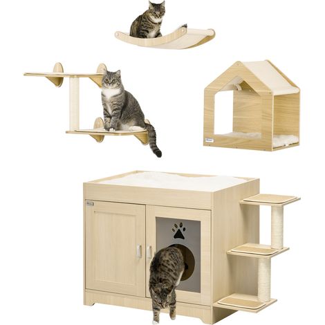 Conjunto para mascotas incluye 1 arenero para gatos de madera con cama 3 plataformas y 1 estante de escalada para gatos de pared de 3 piezas roble (1/5)