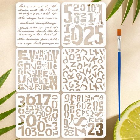 6PCS Lettre Et Chiffre Motif Peinture Pochoirs Avec Pinceau 15x15cm Vintage Alphabétique Gabarit Créatif Lettre Chiffre Pochoir DIY Quotidien Thème Gabarit Pour Décoration (1/5)