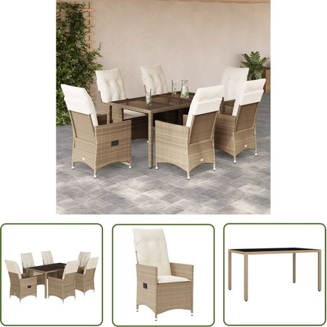 The Living Store 7-tlg. Garten-Essgruppe mit Kissen Beige Poly Rattan - Gartenset - Outdoor Möbel - Rattan Gartenmöbel - Relax Sessel - Esstisch Set (1/5)