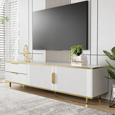 Mobile TV 175 cm, con 2 cassetti, 2 porte, piedi e maniglie in metallo dorato, motivi scolpiti, stile scandinavo, mobile da soggiorno in legno - Bianco