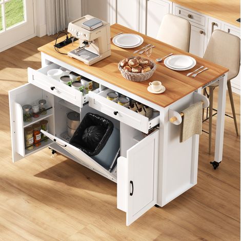 Isla de cocina 120x40-75x92 cm blanca en MDF con encimera extensible, ruedas y compartimento para cubo (1/5)