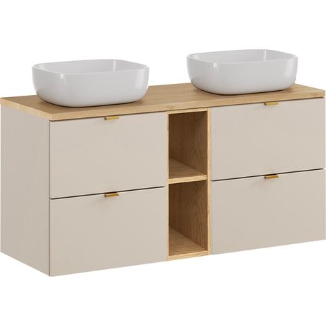 Meuble double vasque 120cm 2 niches Azel Cachemire et Bois (1/5)