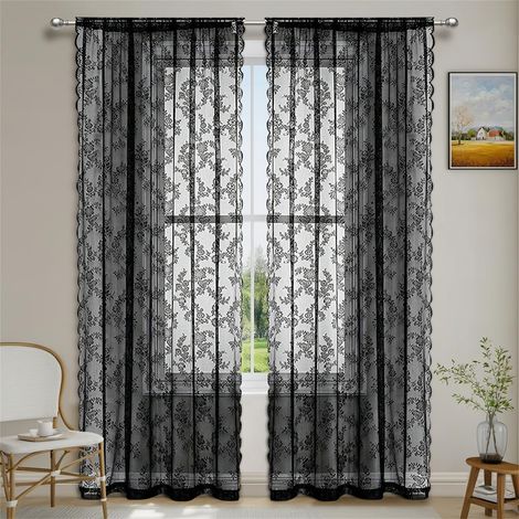 Rideaux en Voile à Dentelle Noirs 2 Pièces 100 × 250 cm, Rideau de Fenêtre Moderne, pour Salon Chambre Cuisine Décor (1/5)