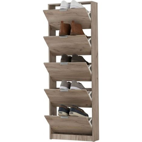 Scarpiera Sueglio, Mobile Portascarpe 10 Ripiani, 5 Ante, Maniglie Incluse, 67x28x191.5h cm Marrone Rovere Grigio