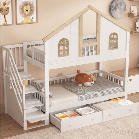 Lit superposé 90x200 avec rangements, blanc naturel HAVRYA (1/5)