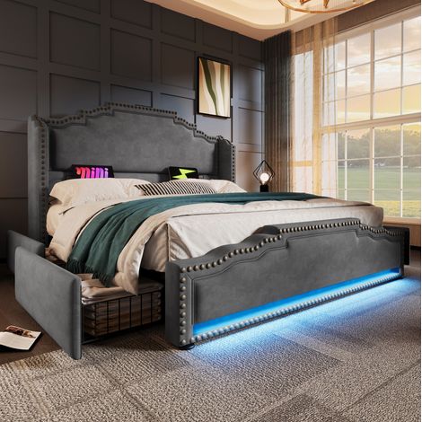 Cama doble vintage 160x200 cm en terciopelo gris con cabecero, 4 cajones, LED, USB-C y somier de láminas (1/5)