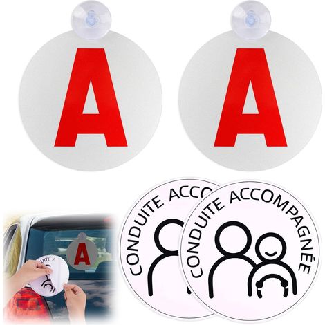Lot de 4 Autocollants Jeune Conducteur Ø15 cm - 2x A à Ventouse Réfléchissant PVC Rigide + 2x Autocollant "Conduite Accompagnée" - Signalisation Sécurité Nuit pour Voiture pour Permis Probatoire (1/5)
