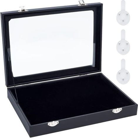 Vitrine à Épingles en Velours Noir, 28x20x4.85cm Broche à Suspendre Murale Rangement pour Bijoux Boîtes de Présentation en Bois avec Fenêtre et Cintres pour Monnaie Épingles Badges Affichage (1/4)