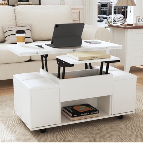 table salon relevable 100 cm bois blanc grand rangement OKMYHOME (1/5)