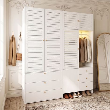 MODFU – Armario vestidor 180x50x200 cm de aglomerado con LED, 2 roperos, cesto de ropa, 6 cajones y carga 30/20 kg – Blanco (1/5)