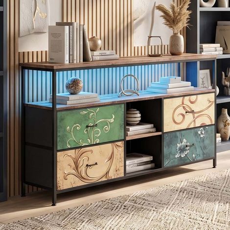 Creahappy Meuble TV Commode 4 Tiroirs Tissu - 108x30x78 cm - Éclairage LED RGB - Buffet Rangement Vintage - Chêne et Multicolore (1/5)