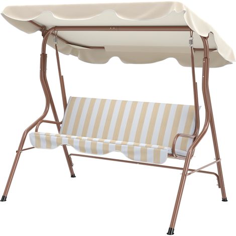 Balancelle Jardin 3 Places Toit Imperméabilisé Inclinaison Réglable Coussins Assise Dossier Marron Crème Rayé