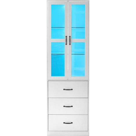 Vitrine blanche sur pied 200 cm, 3 tiroirs, portes vitrées, étagères réglables et LED HOMVRA (1/5)