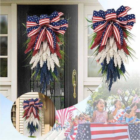 Guirlande De Couronne Festive - Couronne En Forme De Daisy Avec Rubans Rouge Blanc Bleu - Décoration Murale Ou Porte Pour Fête Nationale - 1 Pièce (1/5)