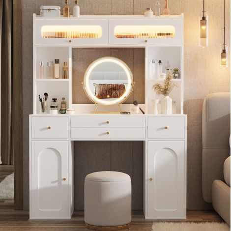 Coiffeuse LED 120x40x160 cm en MDF blanc, avec rangement, pour chambre, FloraGrace (1/5)