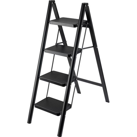 Wiltec Escalera plegable de 4 peldaños, negra, de acero, hasta 150 kg, para hogar, cocina, garaje y taller (1/5)