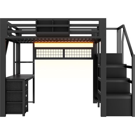 Cama alta 140 x 200 cm de metal negro con escritorio, almacenaje, armario y LED HOMVRA (1/5)