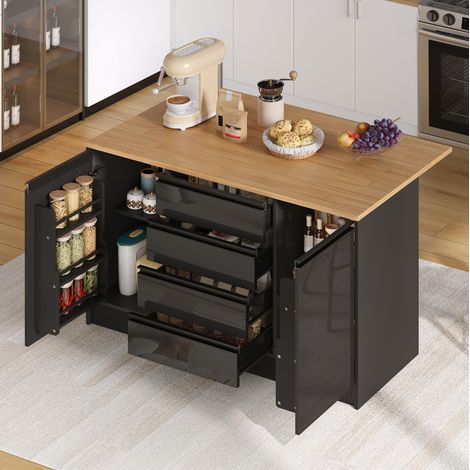Tavolo bar allungabile, isola cucina con 4 cassetti, 140x80x90 cm, MDF nero e finitura legno (1/5)