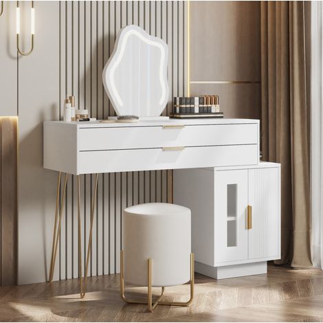 Tavolo da trucco 100/78/40 cm bianco con specchio LED a 3 colori e 2 cassetti (1/5)