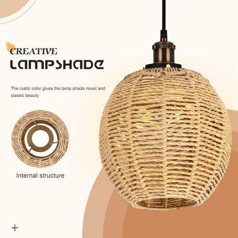 Abat-jour en Rotin Tressé 15x15 cm Suspension Décorative pour Salon Chambre Salle à Manger Style Bohème Naturel (1/4)